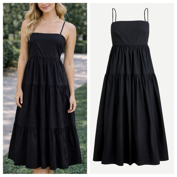 J. Crew Dresses & Skirts - J. Crew tie back tiered cotton poplin black midi dress 23812